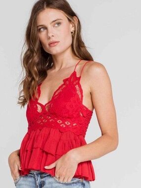 Free People Adella Cami Cherry Red Lace Boho Tank Top NWT Women’s S